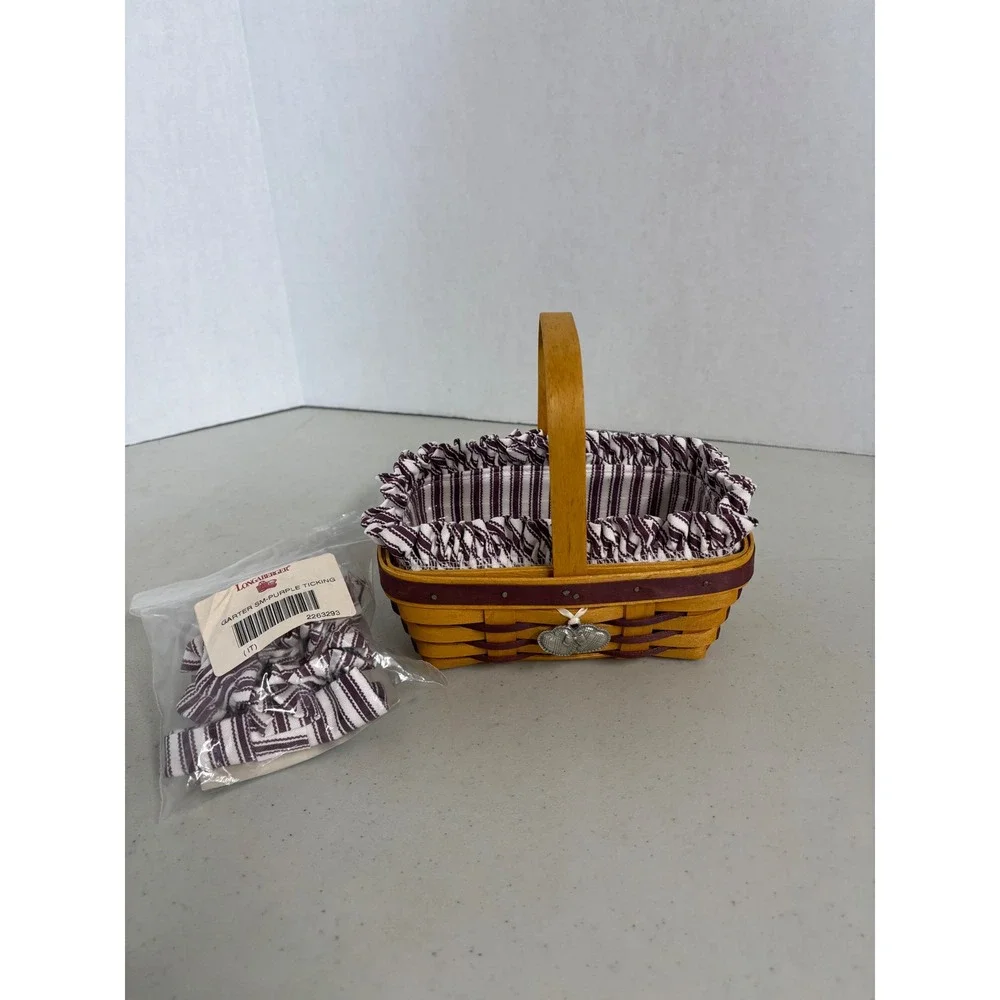 Longaberger Handwoven Basket 1998 Burgundy Purple Ticking Liner Heart Charm USA